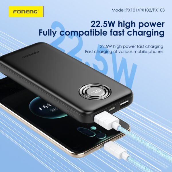 Foneng PX101 – 10000mAh Fast-Charge Power Bank with LCD Display (22.5W, 3 Outputs) - Image 3