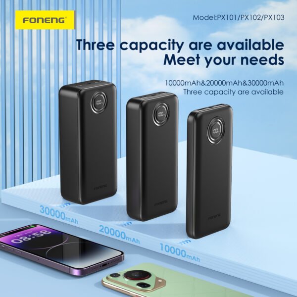 Foneng PX101 – 10000mAh Fast-Charge Power Bank with LCD Display (22.5W, 3 Outputs) - Image 5