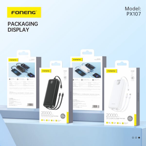 Foneng PX107 – 20000mAh Power Bank with 3 Built‑in Cables & LCD Display (22.5W PD) - Image 6