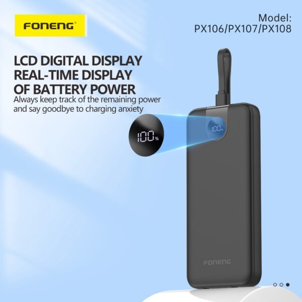 Foneng PX107 – 20000mAh Power Bank with 3 Built‑in Cables & LCD Display (22.5W PD) - Image 5