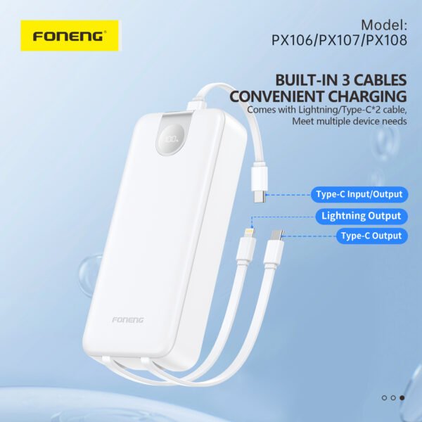 Foneng PX107 – 20000mAh Power Bank with 3 Built‑in Cables & LCD Display (22.5W PD) - Image 3