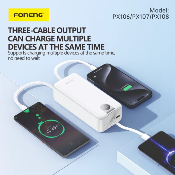 Foneng PX107 – 20000mAh Power Bank with 3 Built‑in Cables & LCD Display (22.5W PD) - Image 4