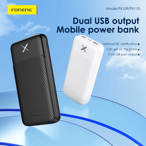 Foneng PX110 – 20000mAh Dual-Port Power Bank (2× USB-A, 5V/2.1A, Flight-Approved) - Image 6