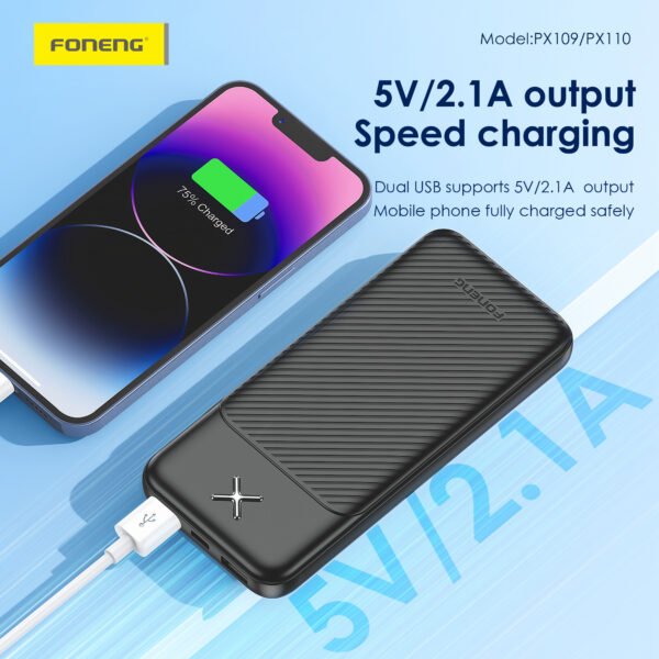 Foneng PX110 – 20000mAh Dual-Port Power Bank (2× USB-A, 5V/2.1A, Flight-Approved) - Image 4