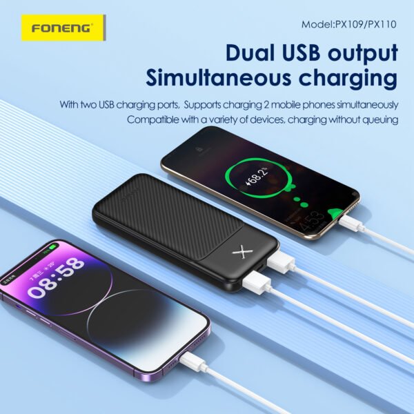 Foneng PX110 – 20000mAh Dual-Port Power Bank (2× USB-A, 5V/2.1A, Flight-Approved) - Image 5