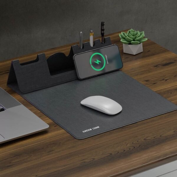 Green Lion Mouse Pad Wireless Charger – Dual Function with Organizer - Image 3