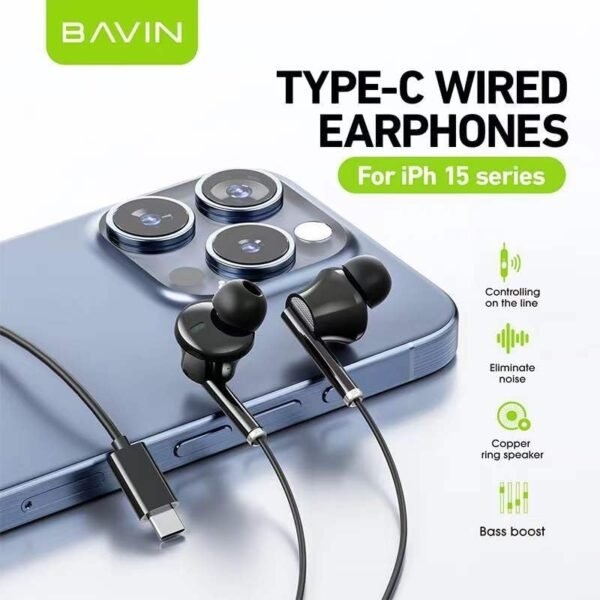 Bavin HX872 Type-C Hi-Res Stereo Earphones – Black - Image 6