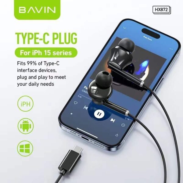 Bavin HX872 Type-C Hi-Res Stereo Earphones – Black - Image 5