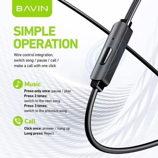 Bavin HX872 Type-C Hi-Res Stereo Earphones – Black - Image 4