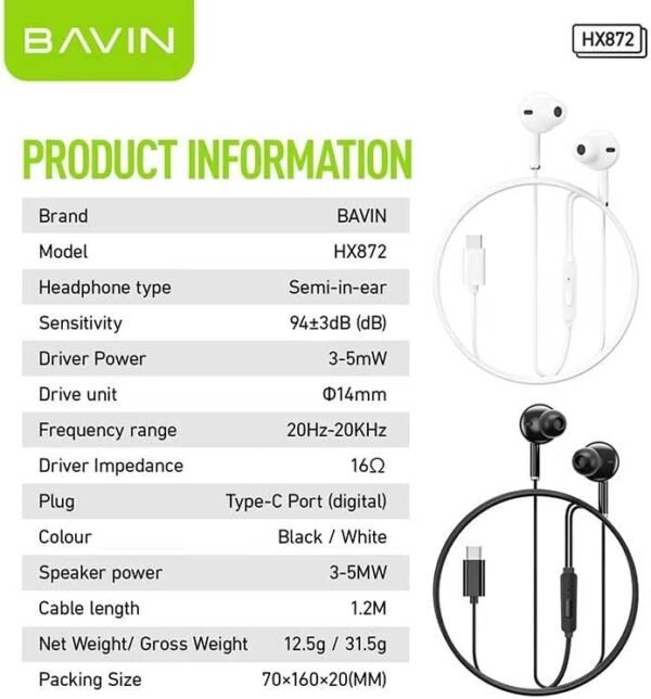 Bavin HX872 Type-C Hi-Res Stereo Earphones – Black - Image 7