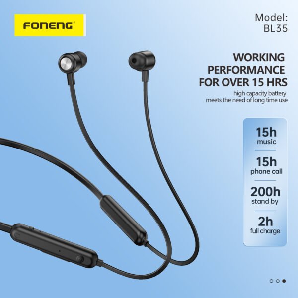Foneng BL35 Wireless Magnetic Sports Earphones – Black - Image 3