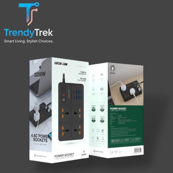 Green Lion UK Power Socket 7 USB-A Port & 1 PD Port – Black