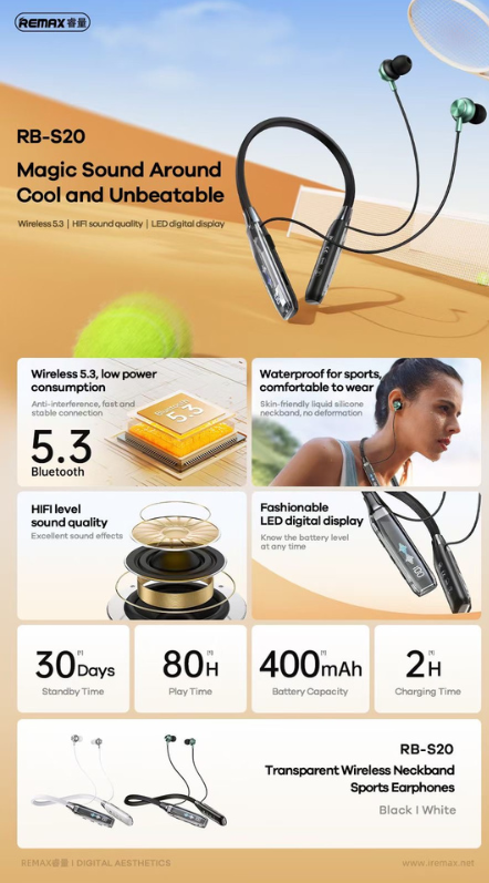 Remax RB-S20 Wireless Neckband Sports Earphones – Black - Image 3