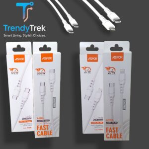 Aspor Fast Charging Data Cable – 2m, 27W USB-C to Lightning / 100W USB-C to USB-C (A099L / A098L)