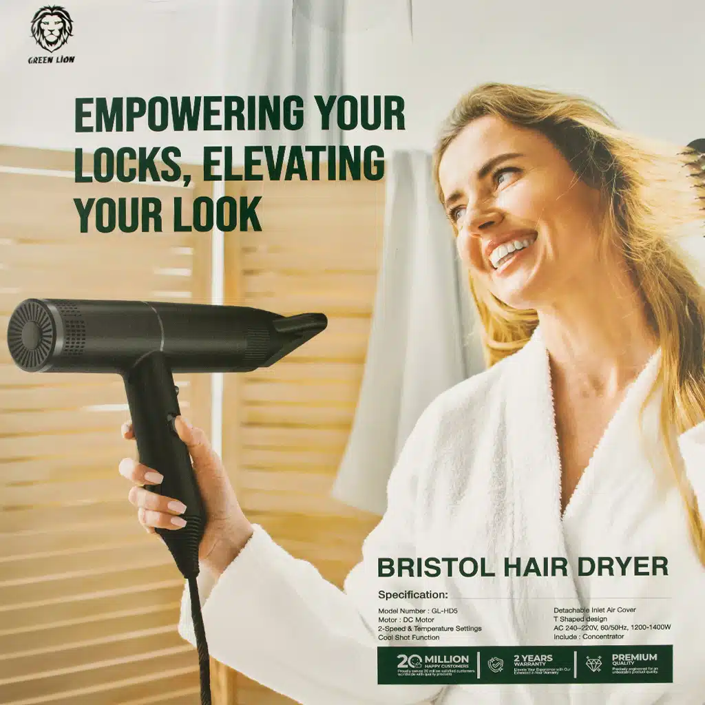 Green Lion Bristol Hair Dryer – 1400W, DC Motor, Cold Shot Function - Image 2