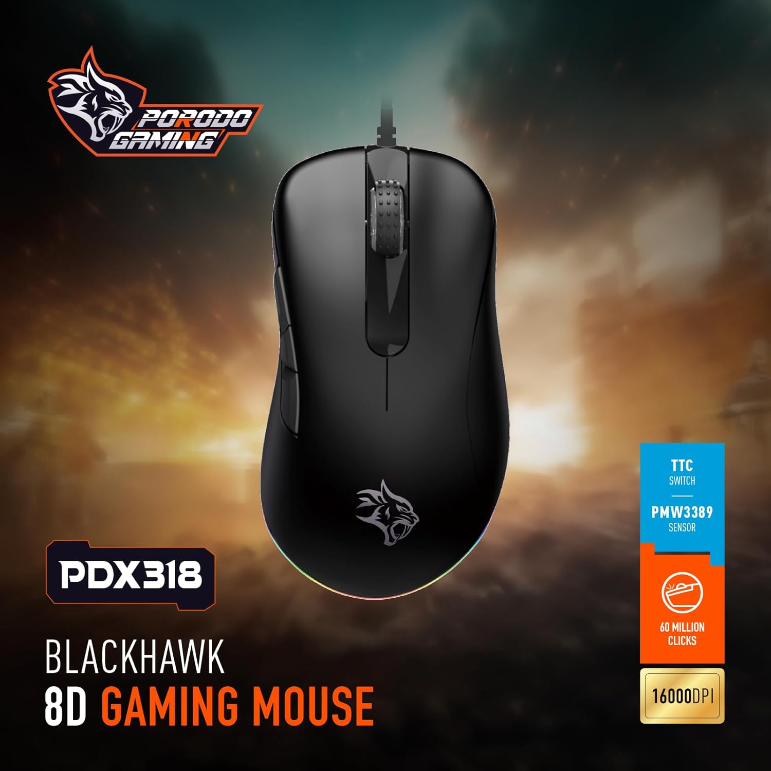 Porodo Gaming BlackHawk 8D Wired Gaming Mouse – PDX318 (Black) - Image 3