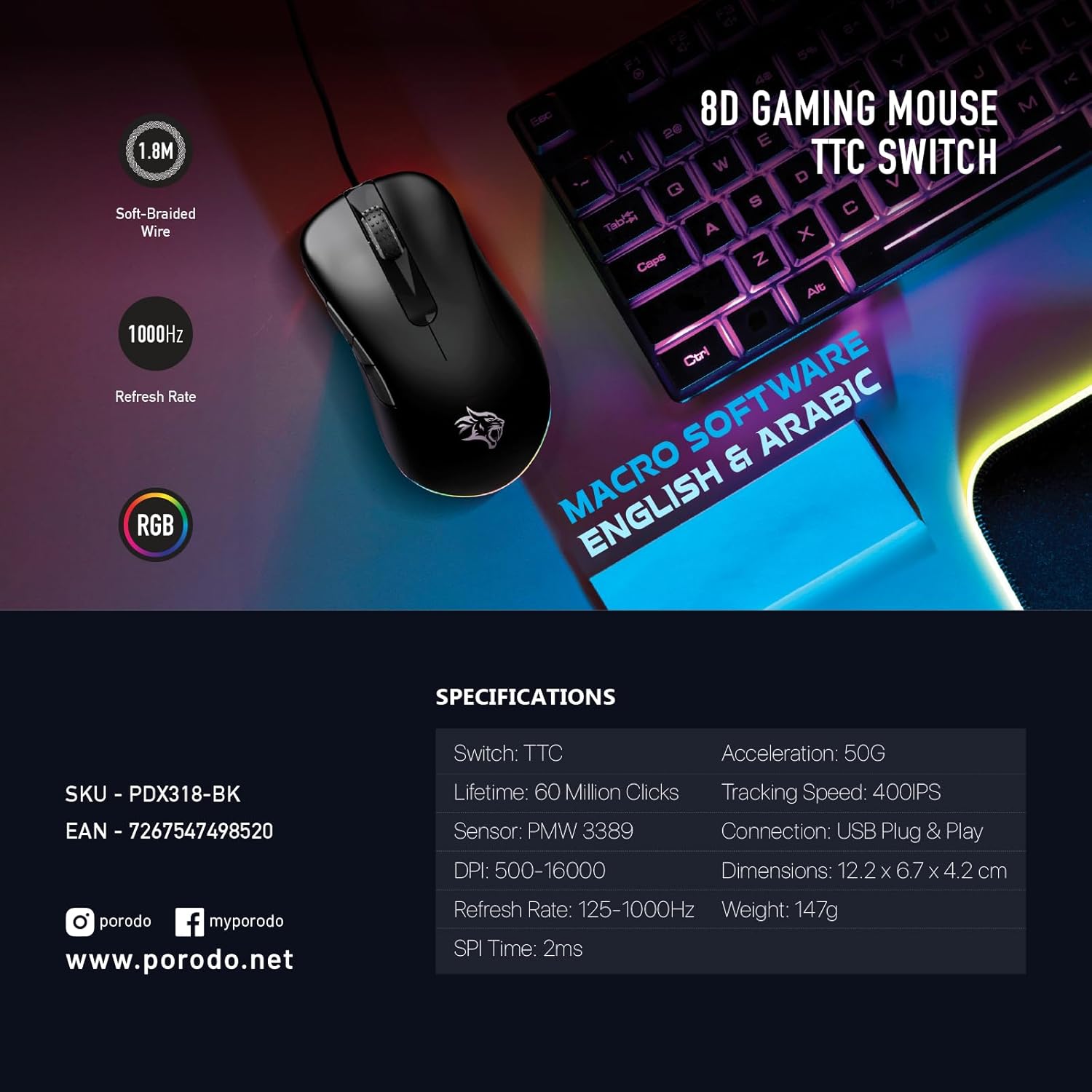 Porodo Gaming BlackHawk 8D Wired Gaming Mouse – PDX318 (Black) - Image 4