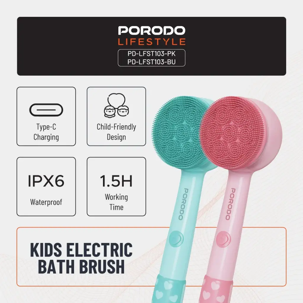 Porodo Kids Electric Bath Brush (3-in-1 Soft Cleanser) – Pink or Blue - Image 7