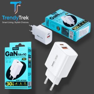 Remax U187 GaN Fast Charger – 30W Dual Port (USB-C + USB-A), EU Plug