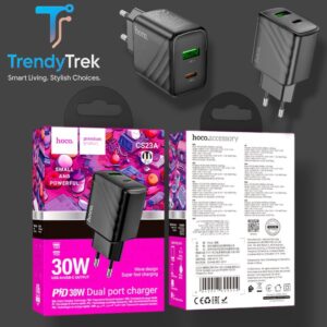 Hoco CS23A PD30W Dual Port Charger – USB-A & USB-C, EU Plug, Black