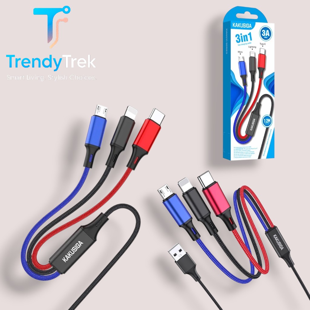 Kakusiga 3-in-1 Fast Charging Cable – 1.2m, 3A, Braided - Image 2