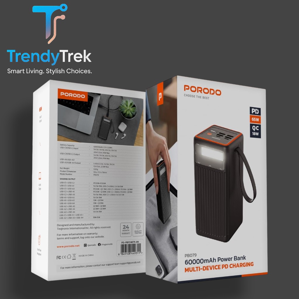 Porodo 60000mAh Power Bank with PD 65W & QC 18W Fast Charging – Multi-Device PD Charging