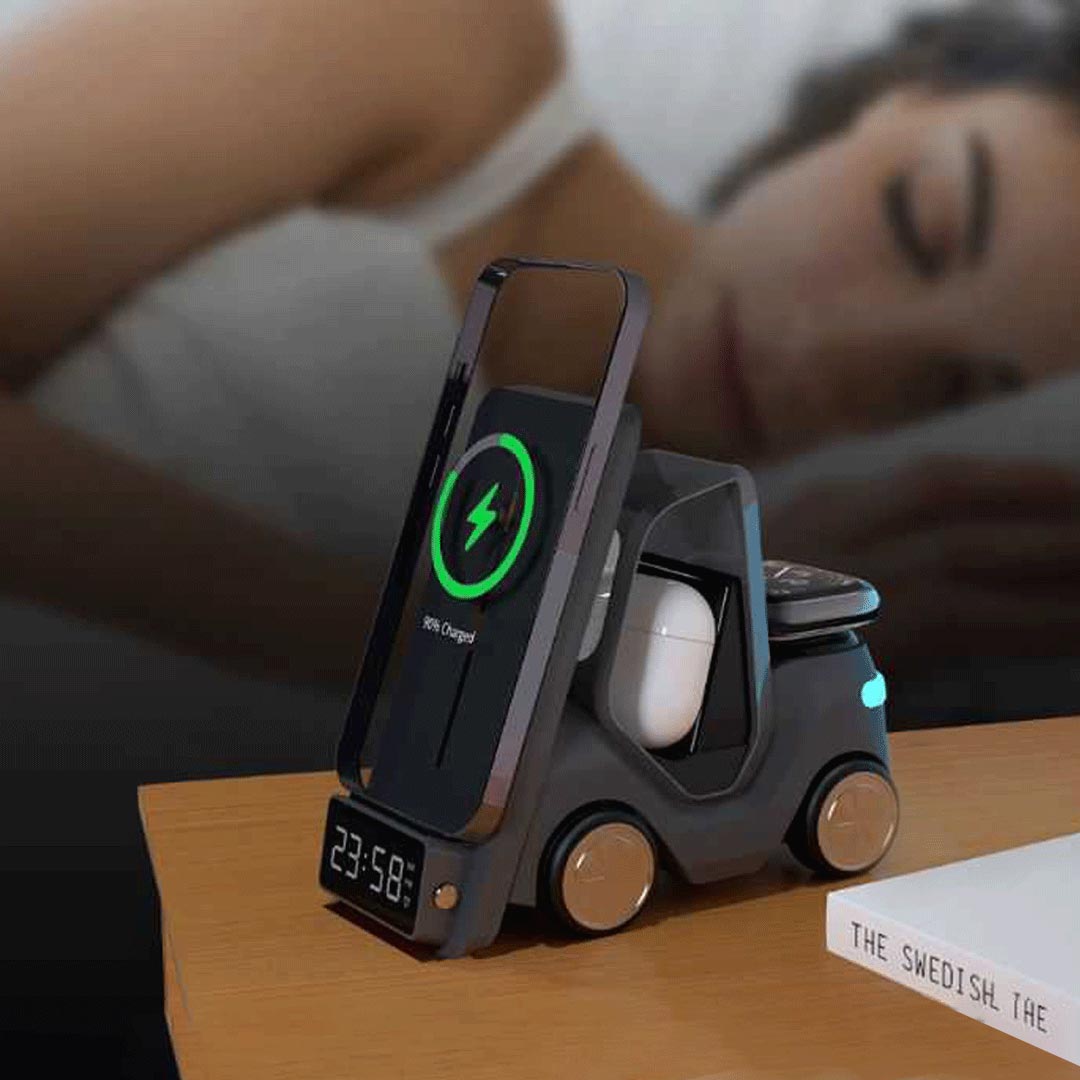 Green Lion 5-in-1 Forklift Wireless Charger – 15W Fast Charging – Digital Clock & Night Light (Yellow, Orange, Grey) - Image 6