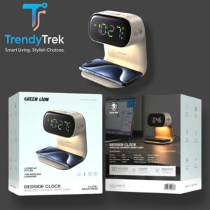 Green Lion Bedside Clock – Wireless Charger | Night Light | Wood Grain Finish – 15W