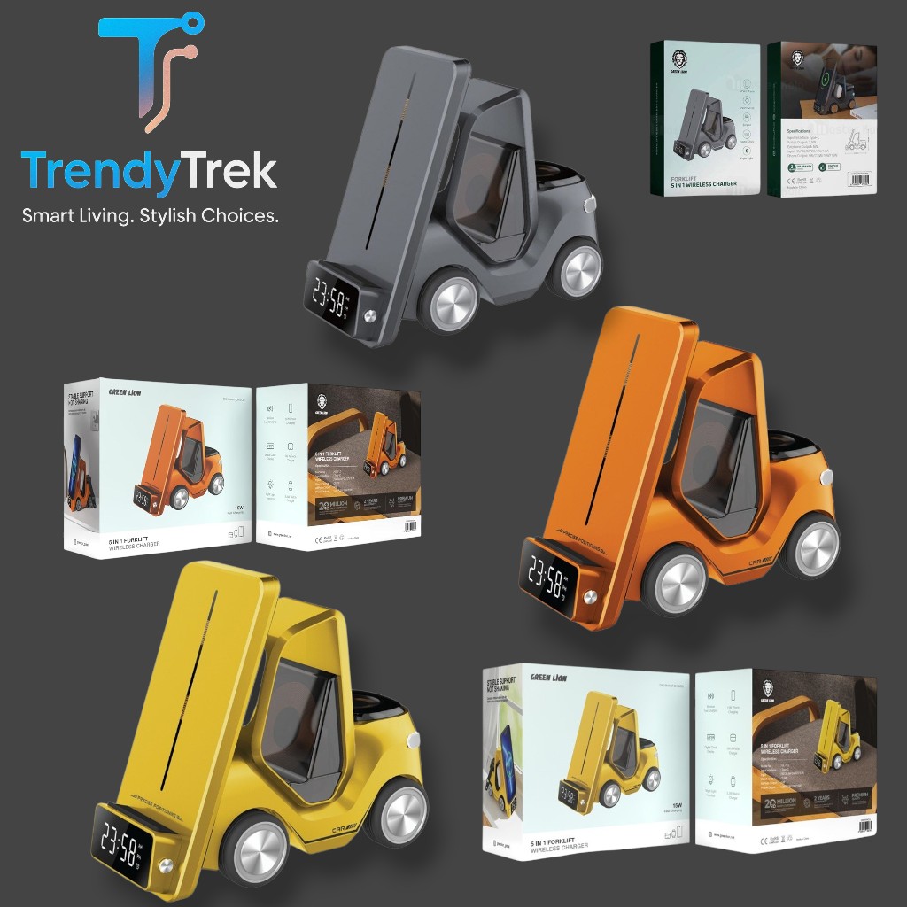 Green Lion 5-in-1 Forklift Wireless Charger – 15W Fast Charging – Digital Clock & Night Light (Yellow, Orange, Grey)