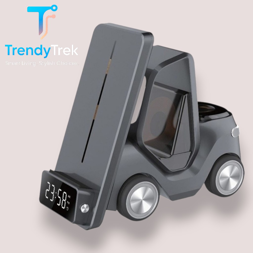 Green Lion 5-in-1 Forklift Wireless Charger – 15W Fast Charging – Digital Clock & Night Light (Yellow, Orange, Grey) - Image 5