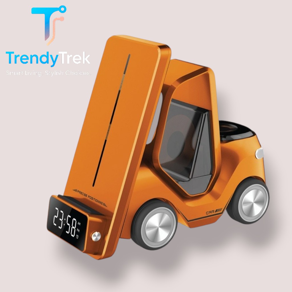 Green Lion 5-in-1 Forklift Wireless Charger – 15W Fast Charging – Digital Clock & Night Light (Yellow, Orange, Grey) - Image 3