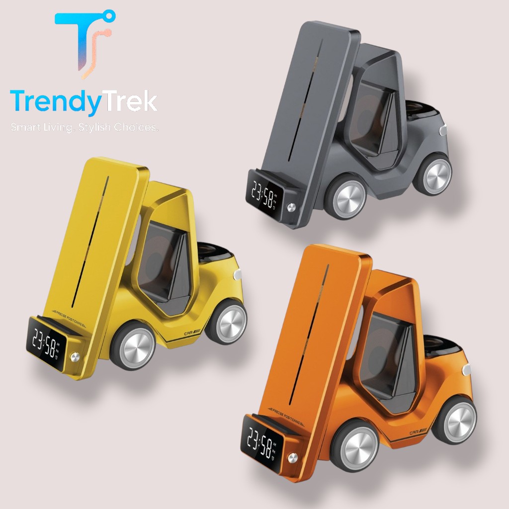 Green Lion 5-in-1 Forklift Wireless Charger – 15W Fast Charging – Digital Clock & Night Light (Yellow, Orange, Grey) - Image 2