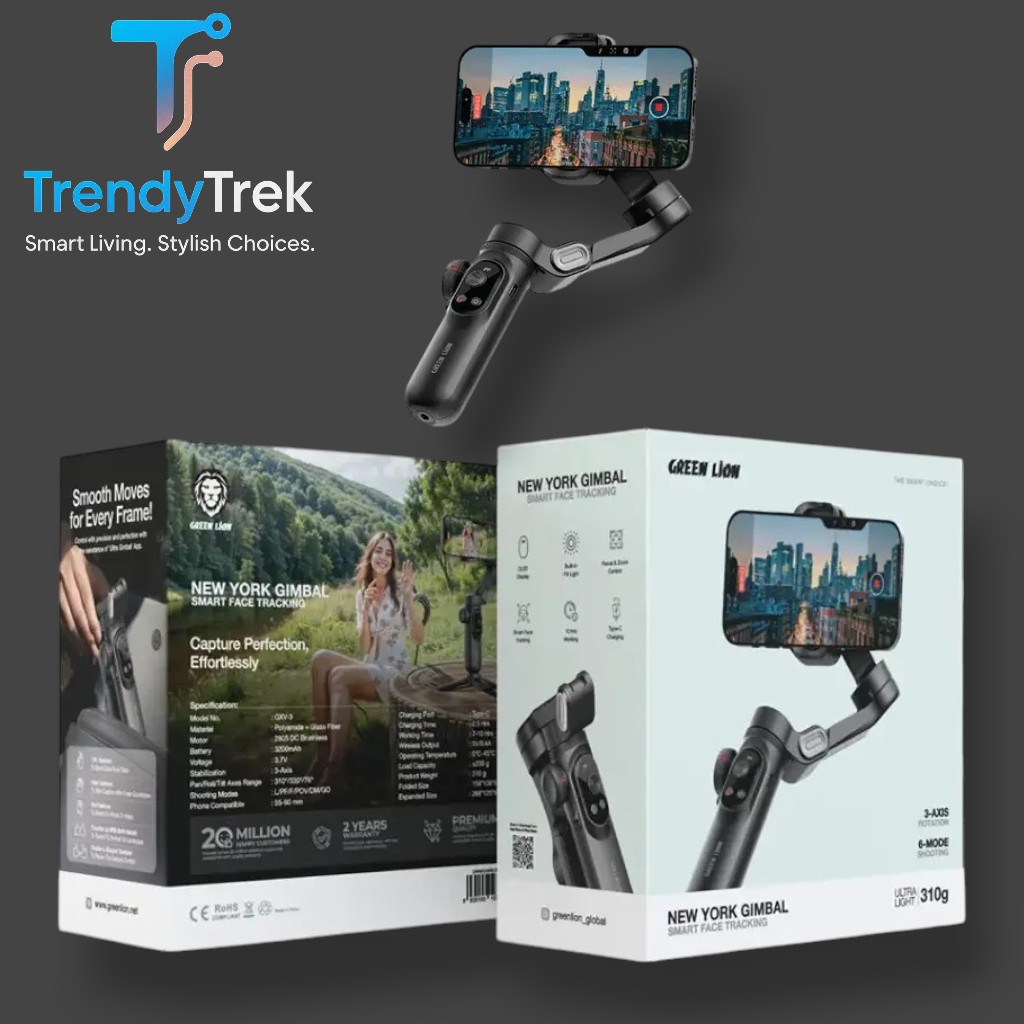 Green Lion New York Gimbal – 3-Axis Stabilizer with Smart Face Tracking – Black
