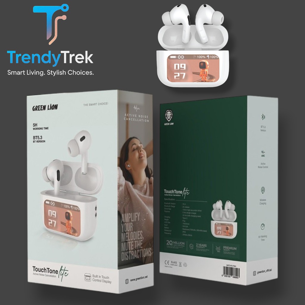 Green Lion TouchTone Lite Earbuds with ANC & LCD Display – White