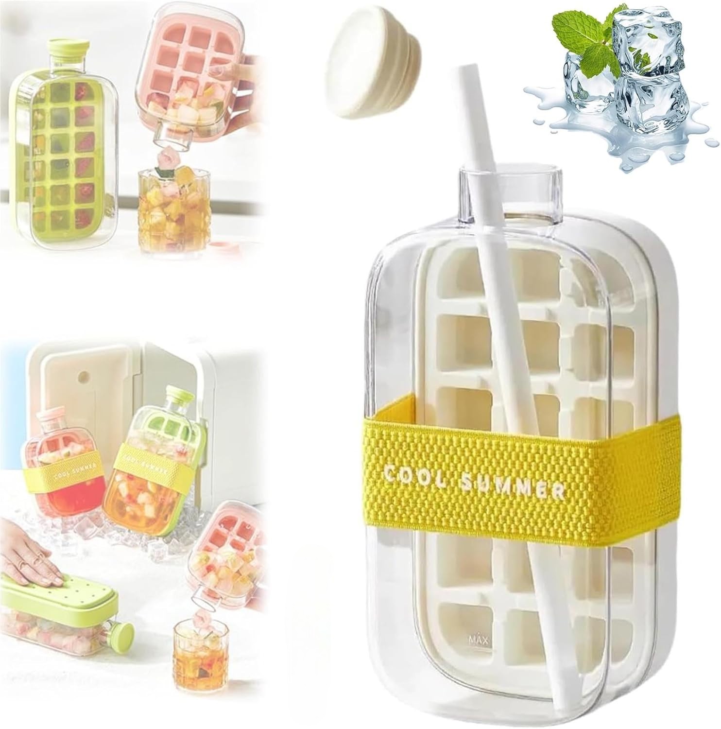 800ml Ice Cube Box with Straw – White / Pink / Green - Image 2