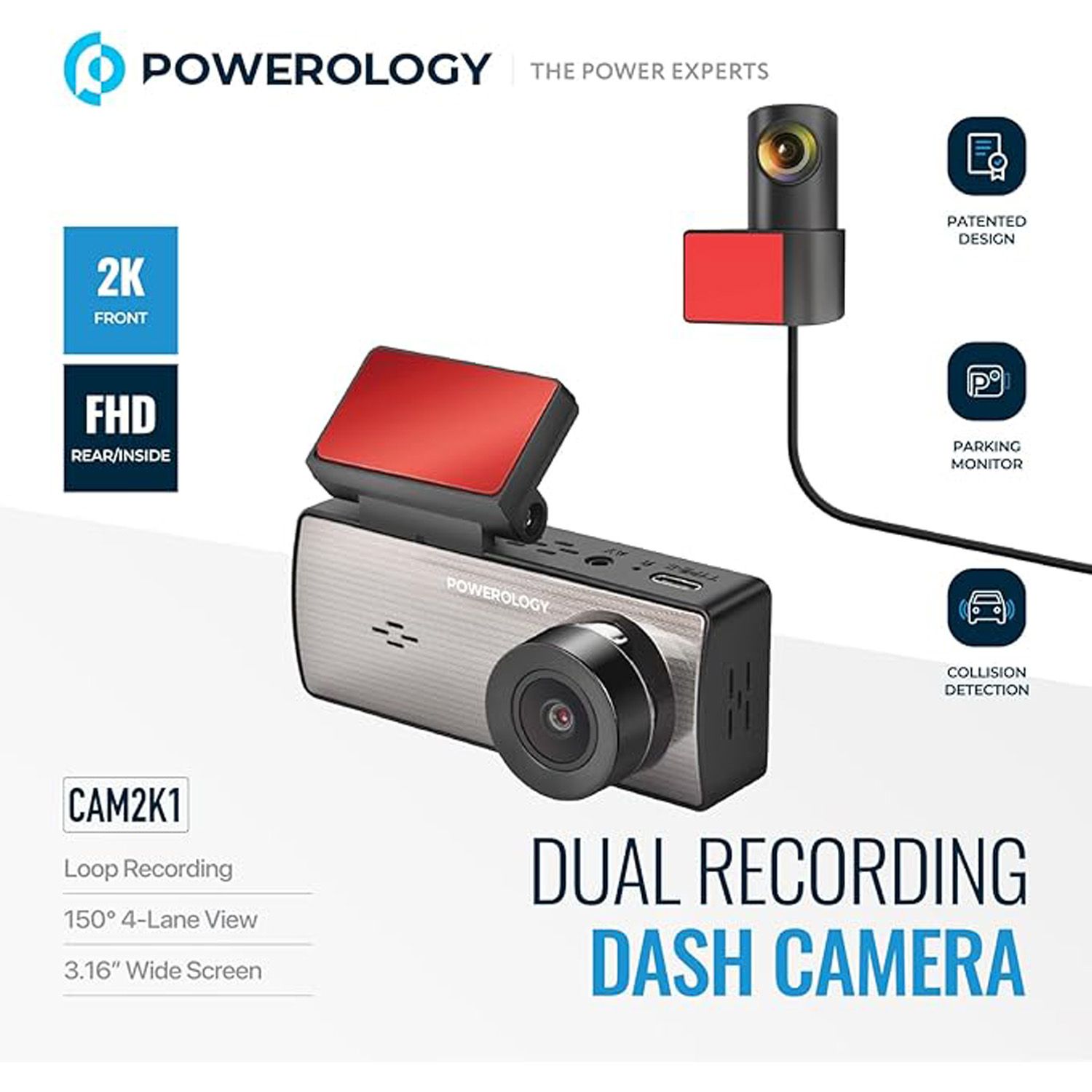 Powerology Dual Recording Dash Camera – 2K Front + FHD Rear (CAM2K1) - Image 3