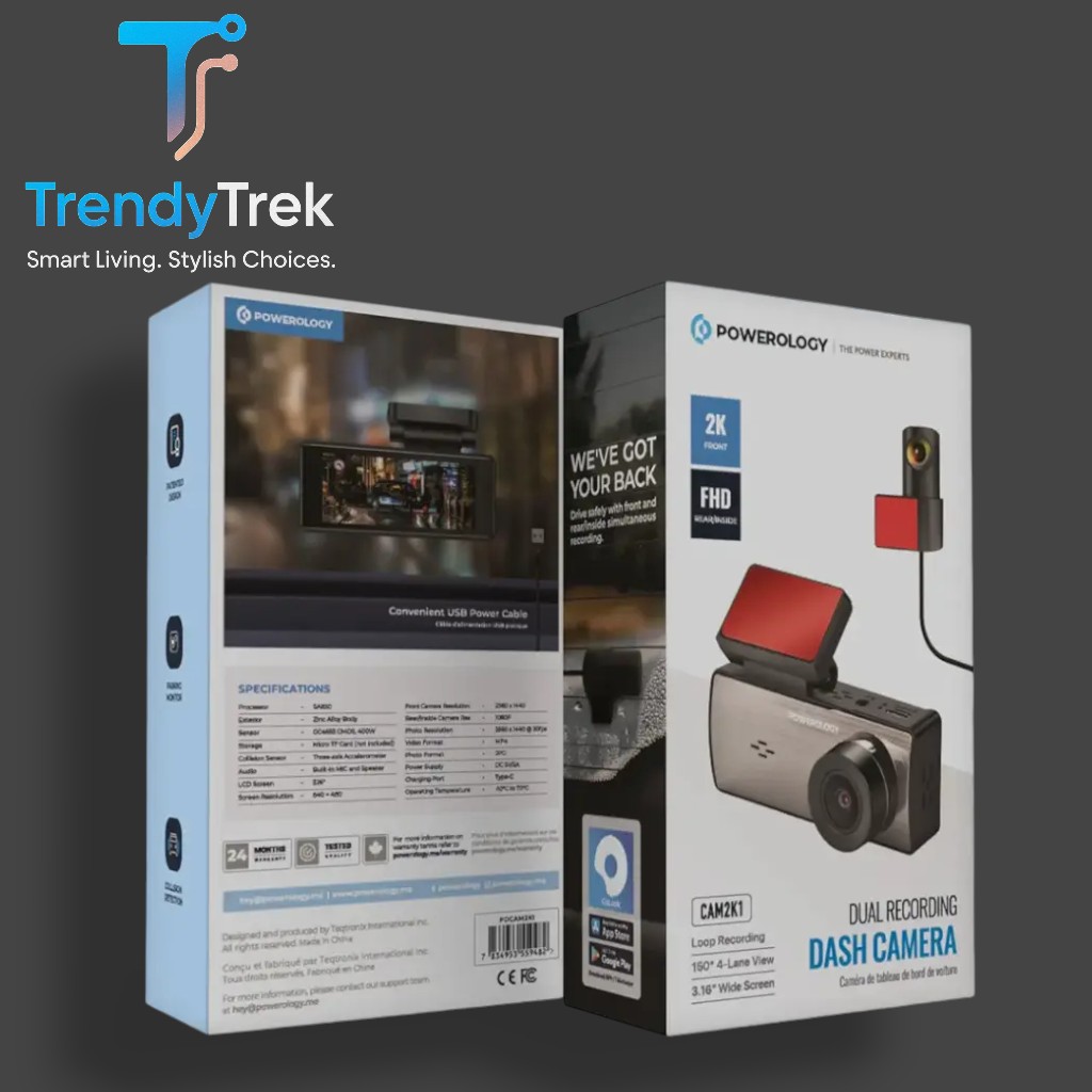 Powerology Dual Recording Dash Camera – 2K Front + FHD Rear (CAM2K1)