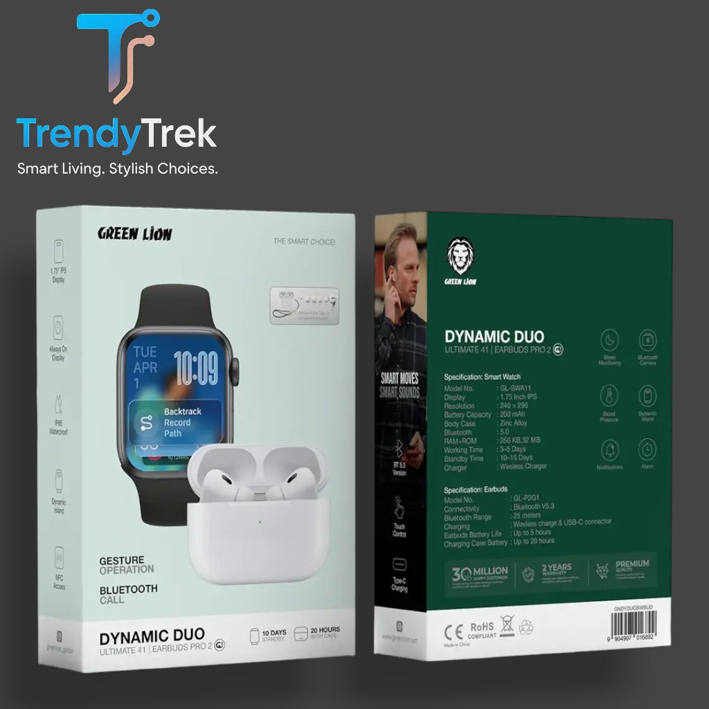 Green Lion Dynamic Duo 41mm Smart Watch & Earbuds Pro 2 – Black