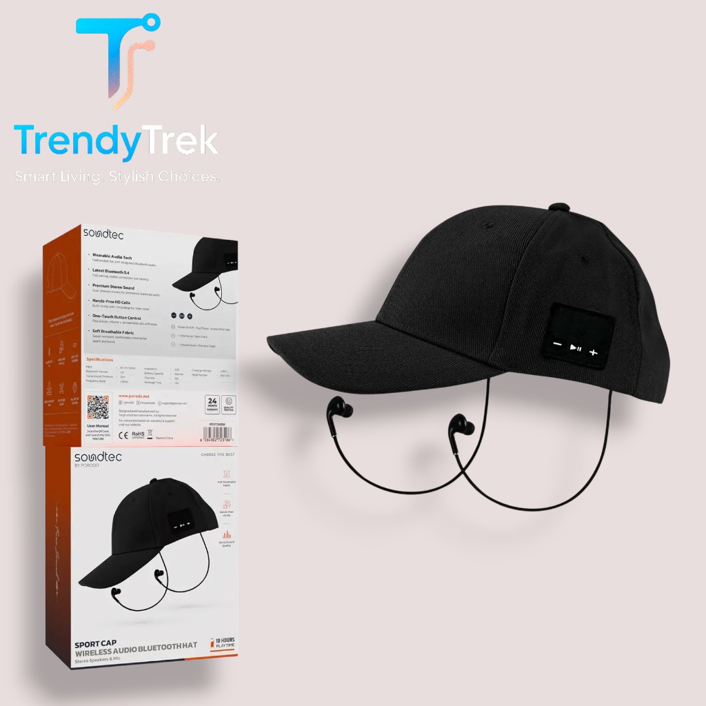 Porodo Soundtec Wireless Audio Bluetooth Hat with Stereo Speakers & Mic - Image 3