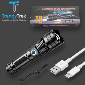 Rechargeable Zoomable LED Flashlight XML-T9 – USB-C Charging, Waterproof, 26650 Battery (Black)
