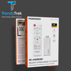 Porodo 4K Android Smart Streaming TV Stick with Google Assistant & Voice Control – White
