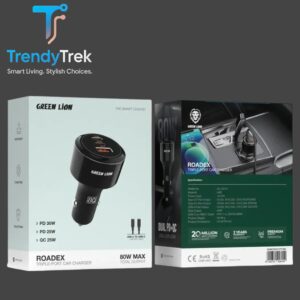 Green Lion Roadex Triple Port Car Charger 80W – Black (With USB-C to USB-C Cable)