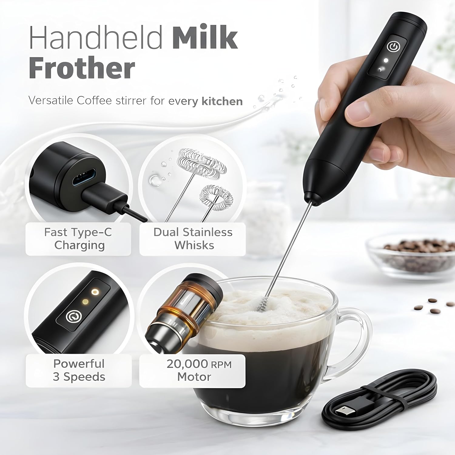 Electric Milk Frother Rechargeable 3 Speed Handheld - Black - Image 10