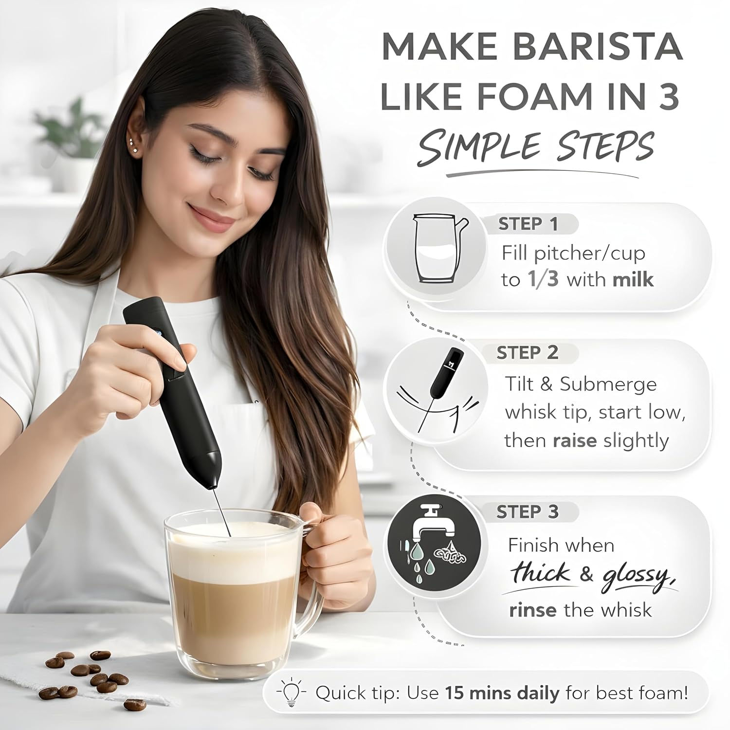 Electric Milk Frother Rechargeable 3 Speed Handheld - Black - Image 11