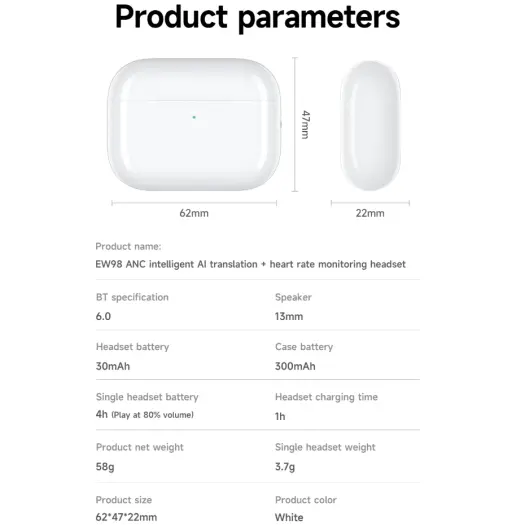 Hoco EW98 ANC AI Translation Earbuds with Heart Rate & Oxygen Monitoring – Bluetooth 6.0 - Image 10