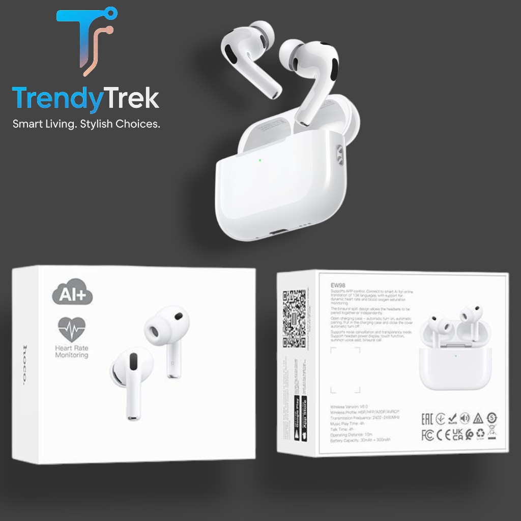 Hoco EW98 ANC AI Translation Earbuds with Heart Rate & Oxygen Monitoring – Bluetooth 6.0