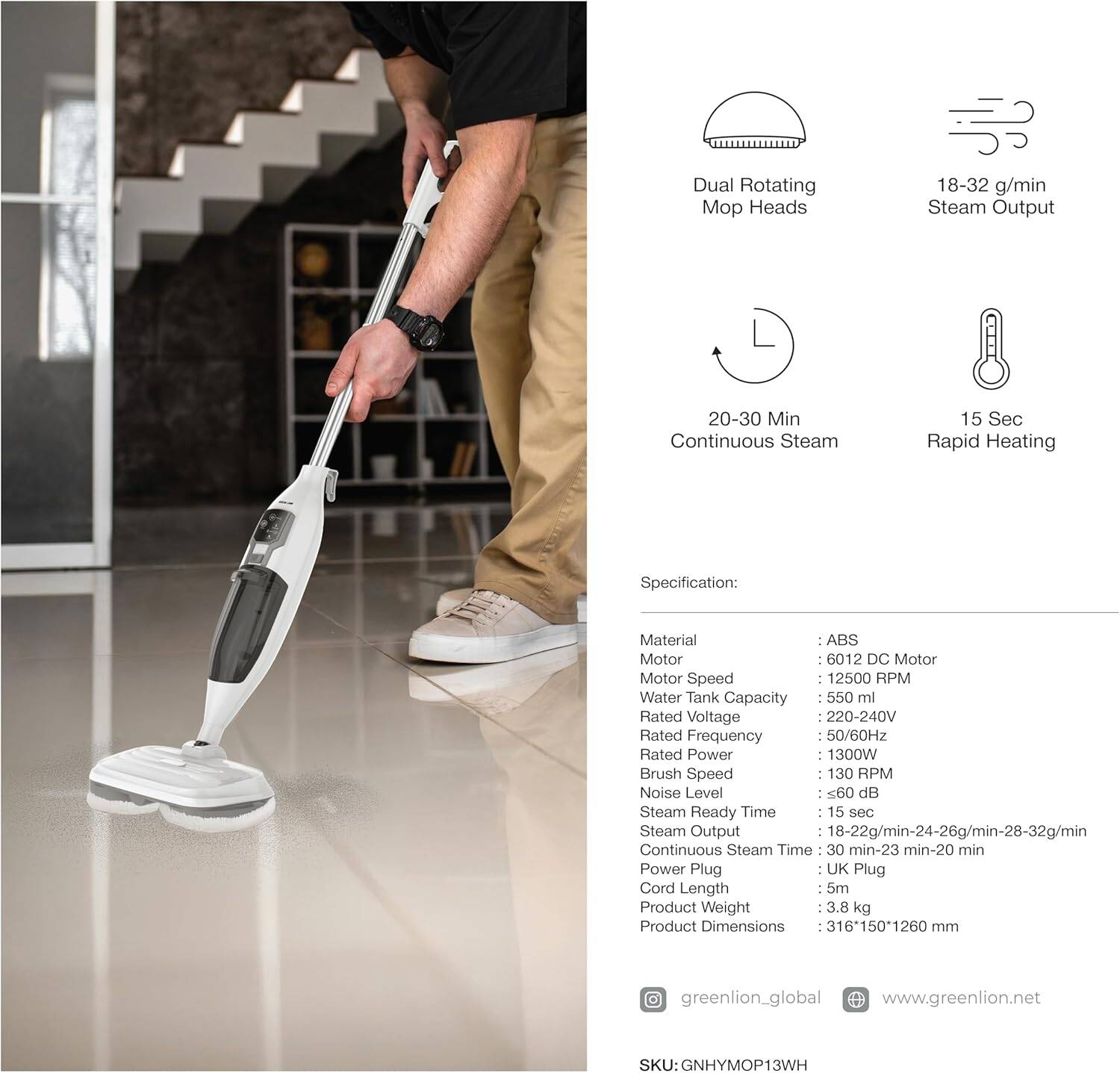 Green Lion Hydro Mop 3X Rotary Mop Cleaner 1300W - White - Image 3