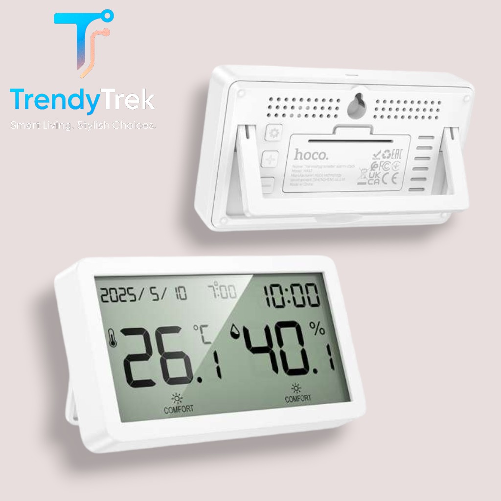 Hoco HX42 5-in-1 High Precision Thermo-Hygrometer Alarm Clock - White - Image 2