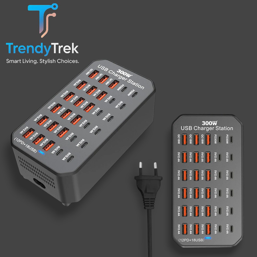300W Multi-Port USB Charging Station with 12 USB-C PD + 18 USB-A Ports – Black