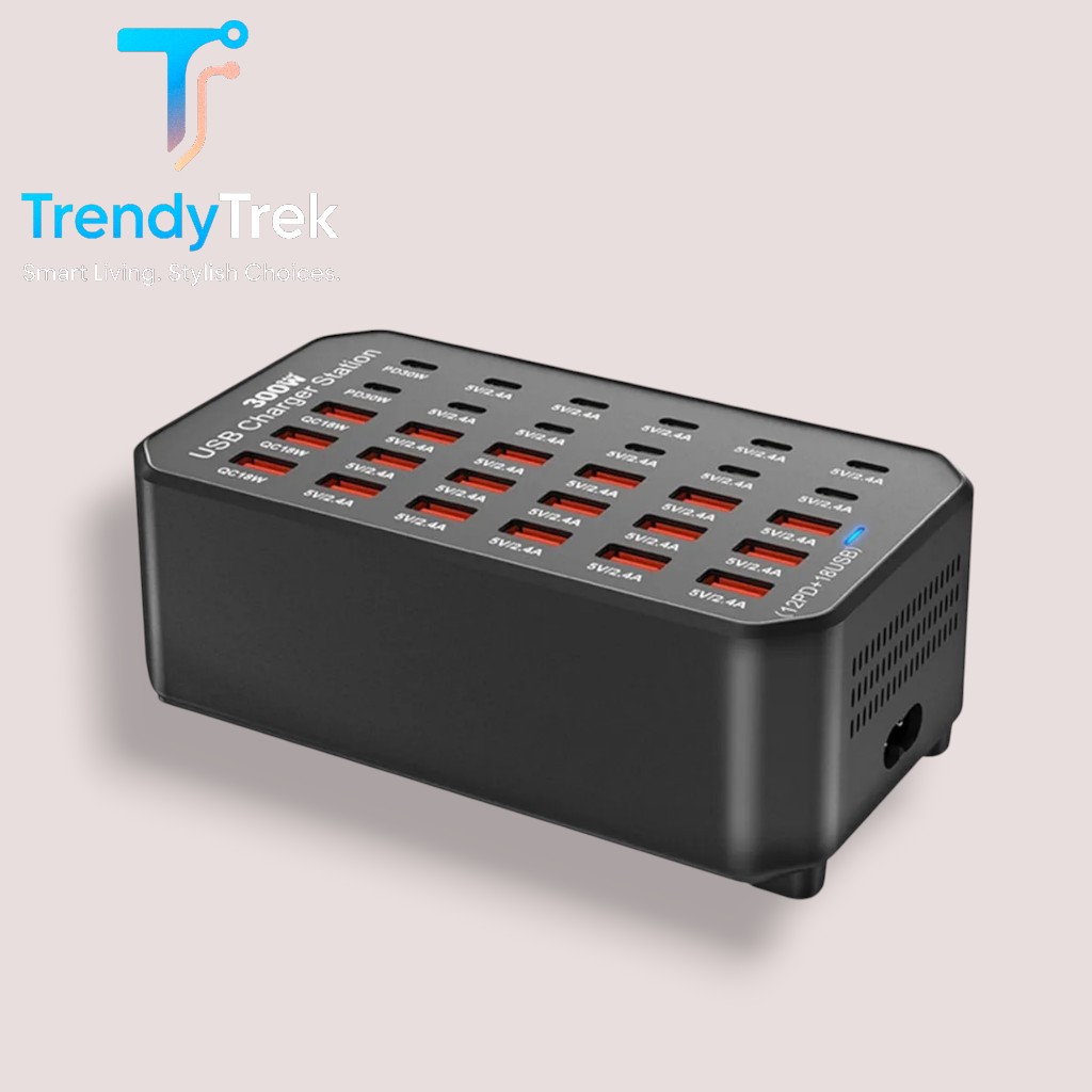 300W Multi-Port USB Charging Station with 12 USB-C PD + 18 USB-A Ports – Black - Image 4